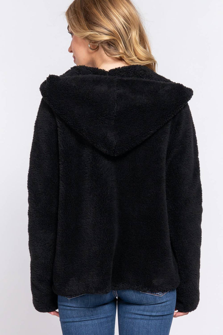 DOORBUSTER Long Dolman Sleeve Hoodie Sherpa Jacket: Blk-Black / L
