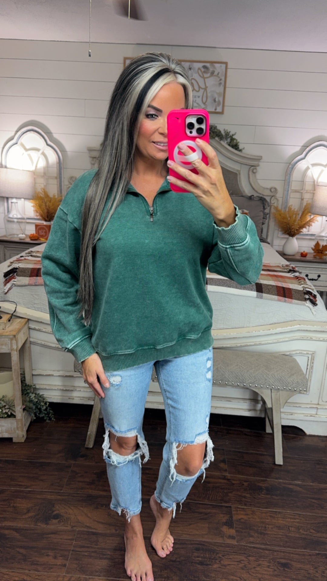 Forest green acid Washed Half Zip