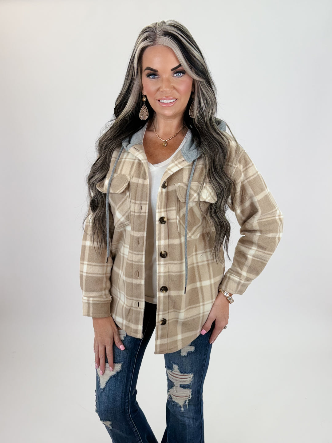 Plaid Button Down with Hoodie Fleece shacket:-mocha/ivory