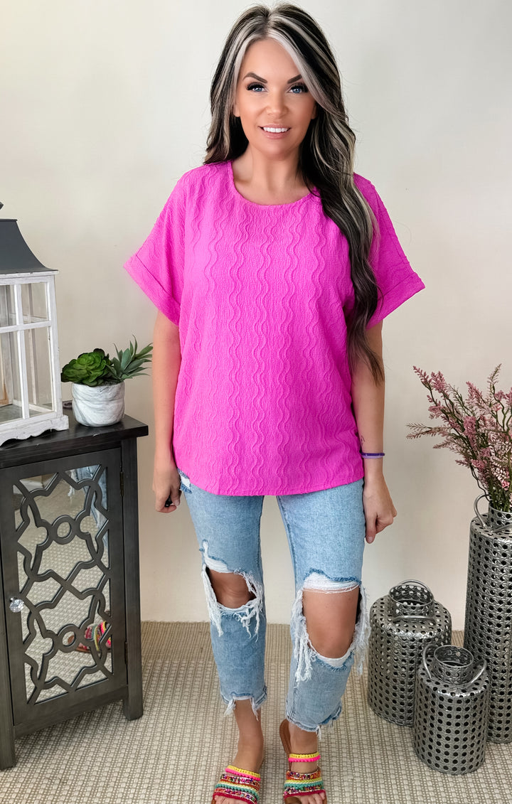 Textured Dolman Sleeve Top: HOT MAGENTA