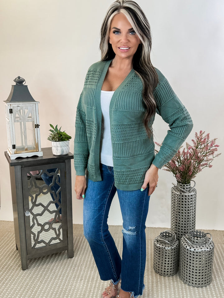 OPEN FRONT POINTELLE SWEATER CARDIGAN: JADE