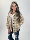Plaid Button Down with Hoodie Fleece shacket:-mocha/ivory