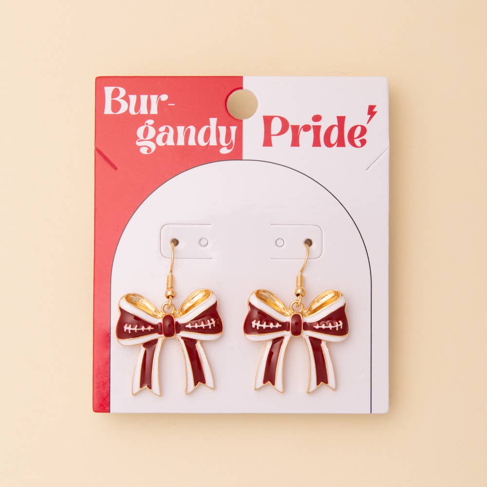 Game Day Enamel Chevron Bow Ribbon Dangle Earrings: Burgundy White