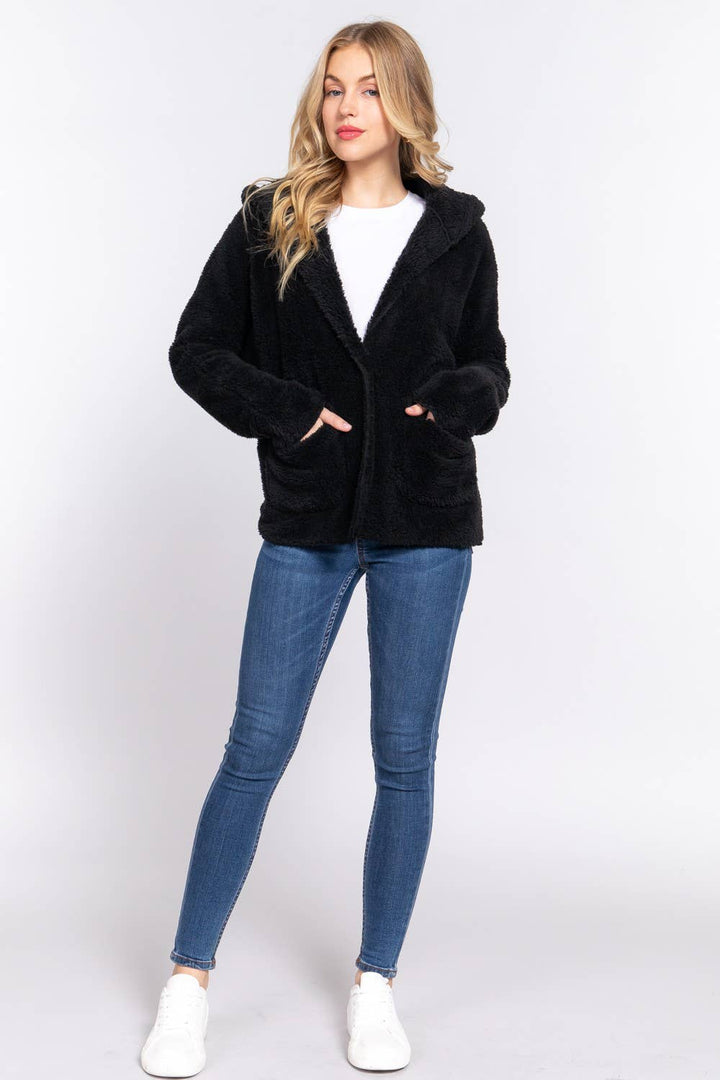 DOORBUSTER Long Dolman Sleeve Hoodie Sherpa Jacket: Blk-Black / L