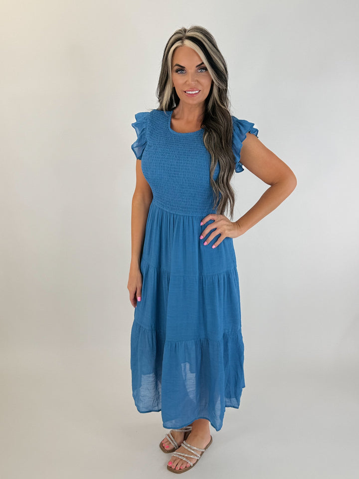 Blue Skies Smocked Midi Dress