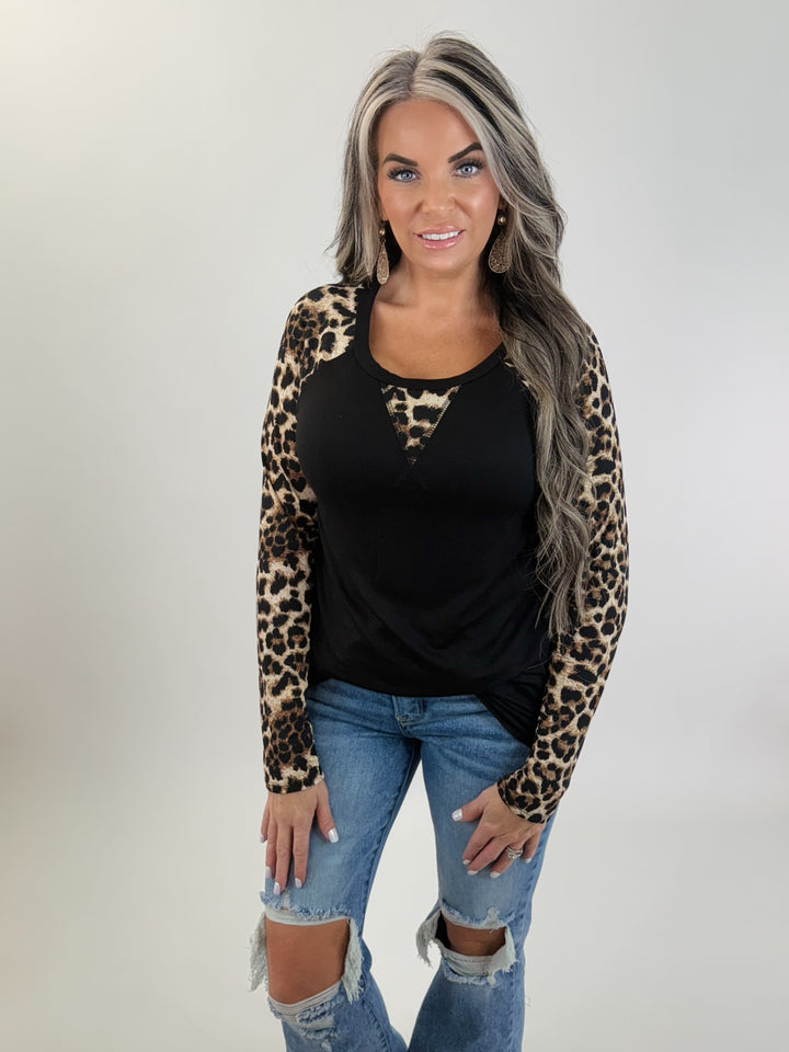 DOORBUSTER Leopard Contrast Long Sleeve Top