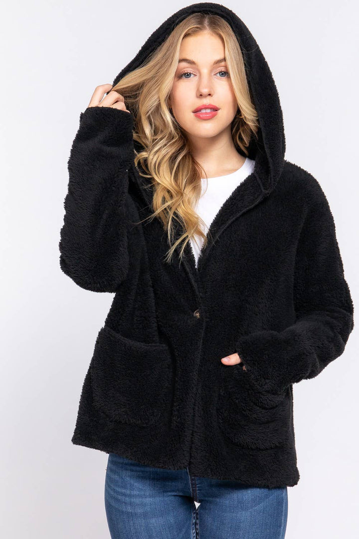 DOORBUSTER Long Dolman Sleeve Hoodie Sherpa Jacket: Blk-Black / L