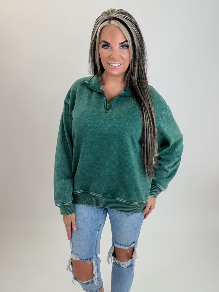 Forest green acid Washed Half Zip