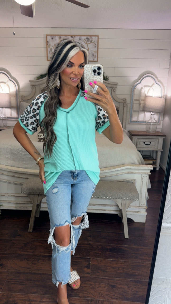 Wild Mint Leopard Sleeve Top