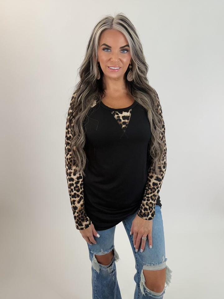 DOORBUSTER Leopard Contrast Long Sleeve Top
