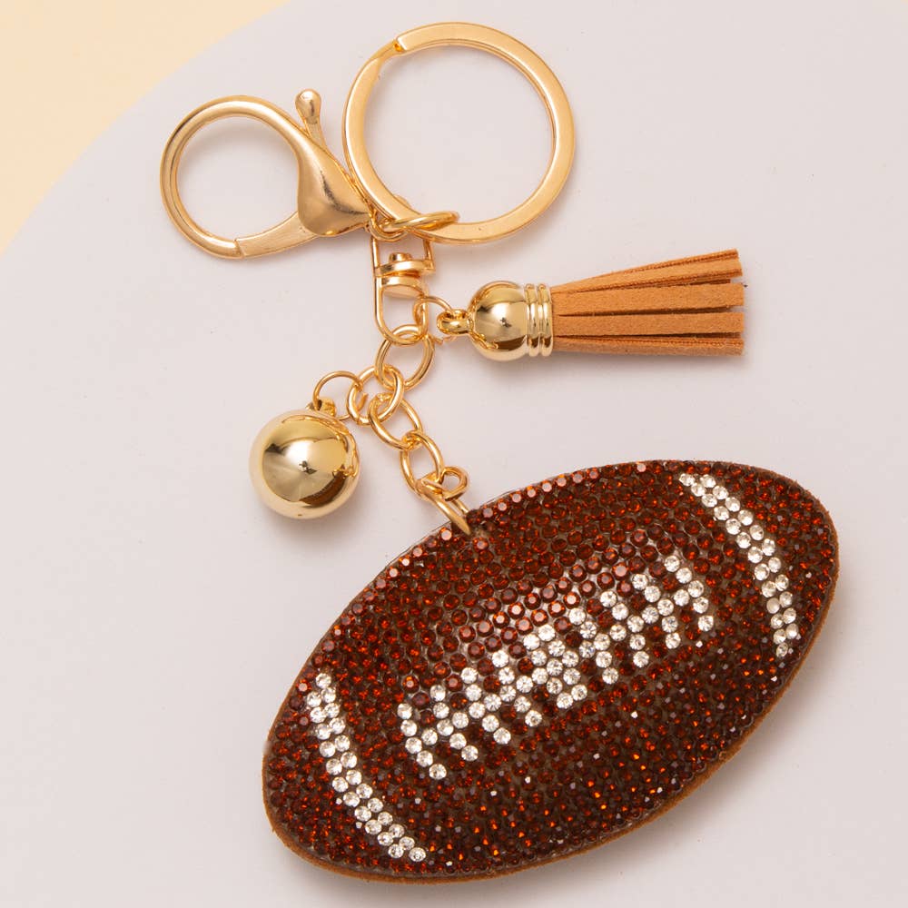 Gameday Rhinestone Pave Tassel Football Keychain: Brown