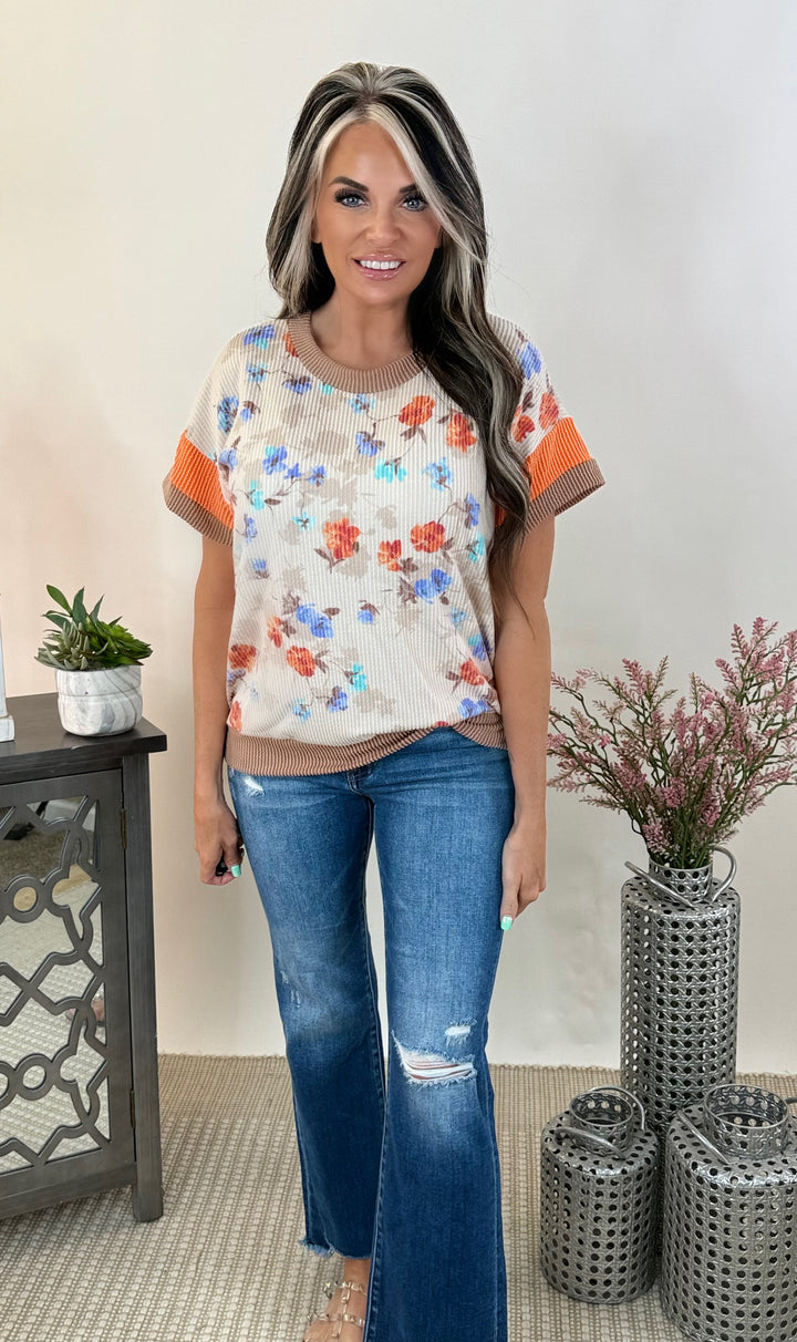 Beige Floral Ribbed Top