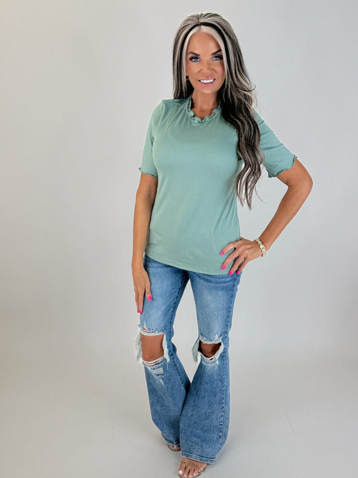 Sage Ruffle Neck Top