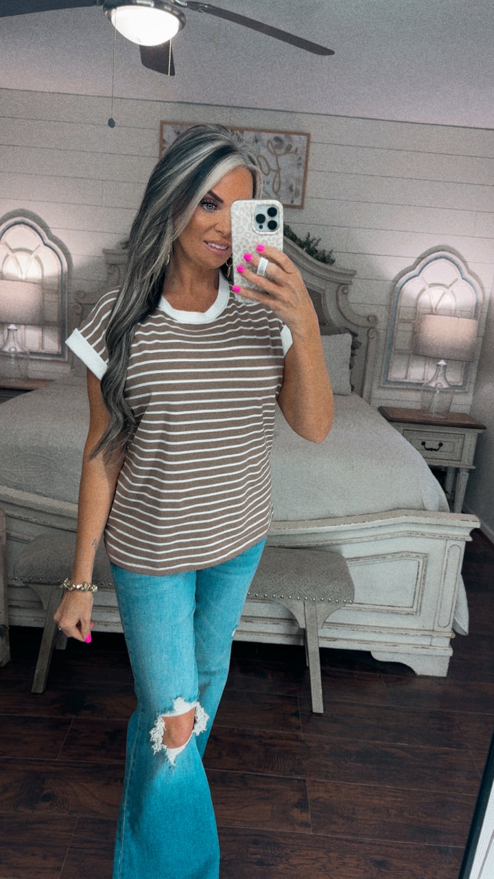 Brown Stripe Cap Sleeve Top