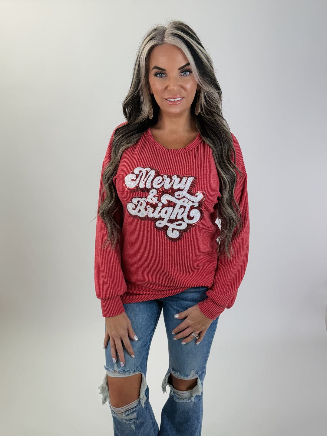 MERRY AND BRIGHT RIBBED TOP