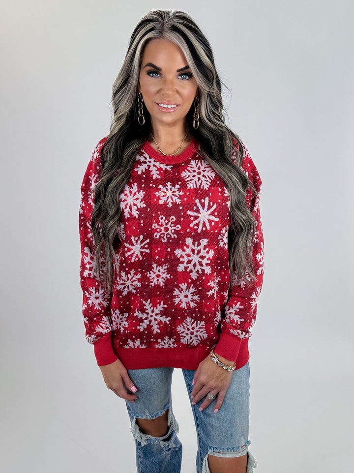 Plaid Snowflake Holiday Christmas Sweater: Red