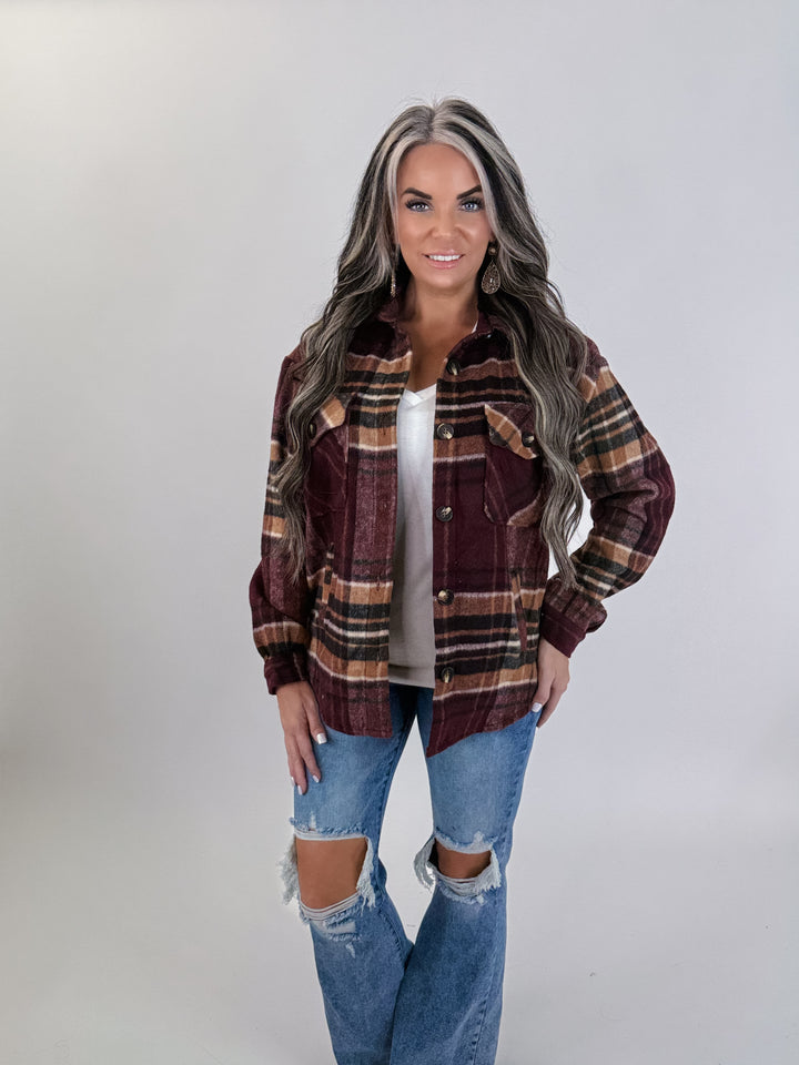 DOORBUSTER Long Sleeve Plaid Button Down Casual Jacket BURGUNDY