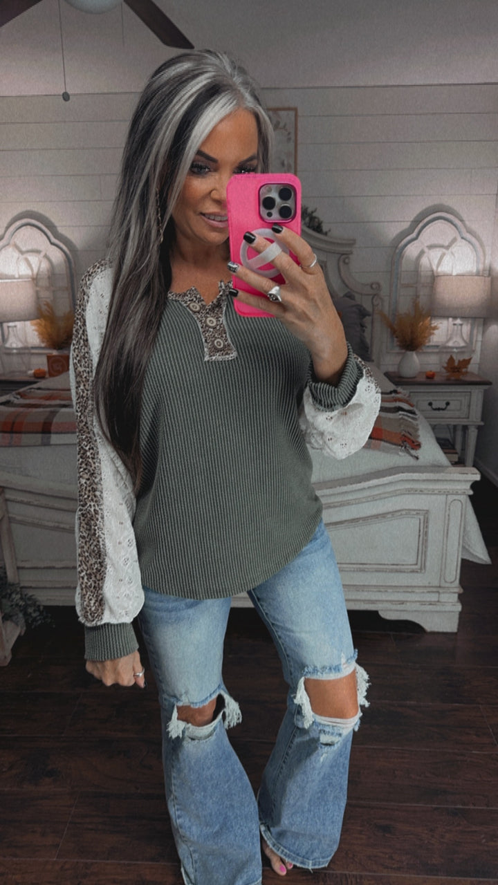 Olive & lace  Print Top