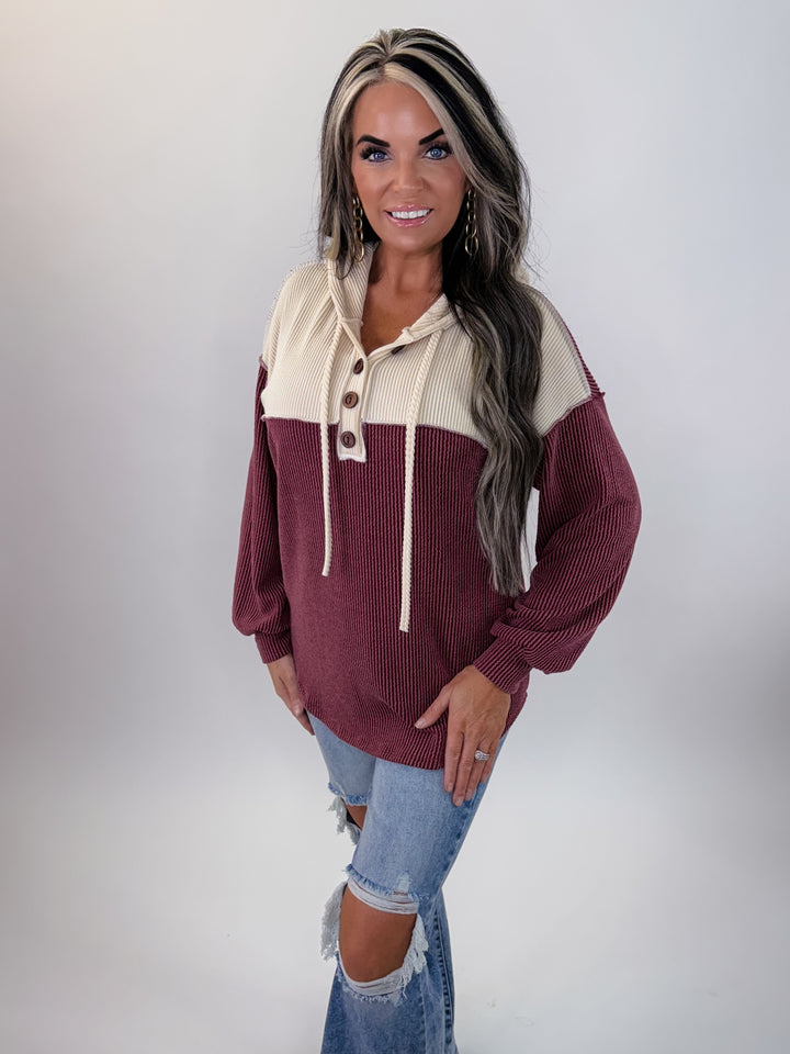 Wine & Cream Colorblock Henley pullover