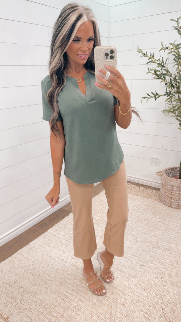 Quietly Polished Split Neck Top- Sage