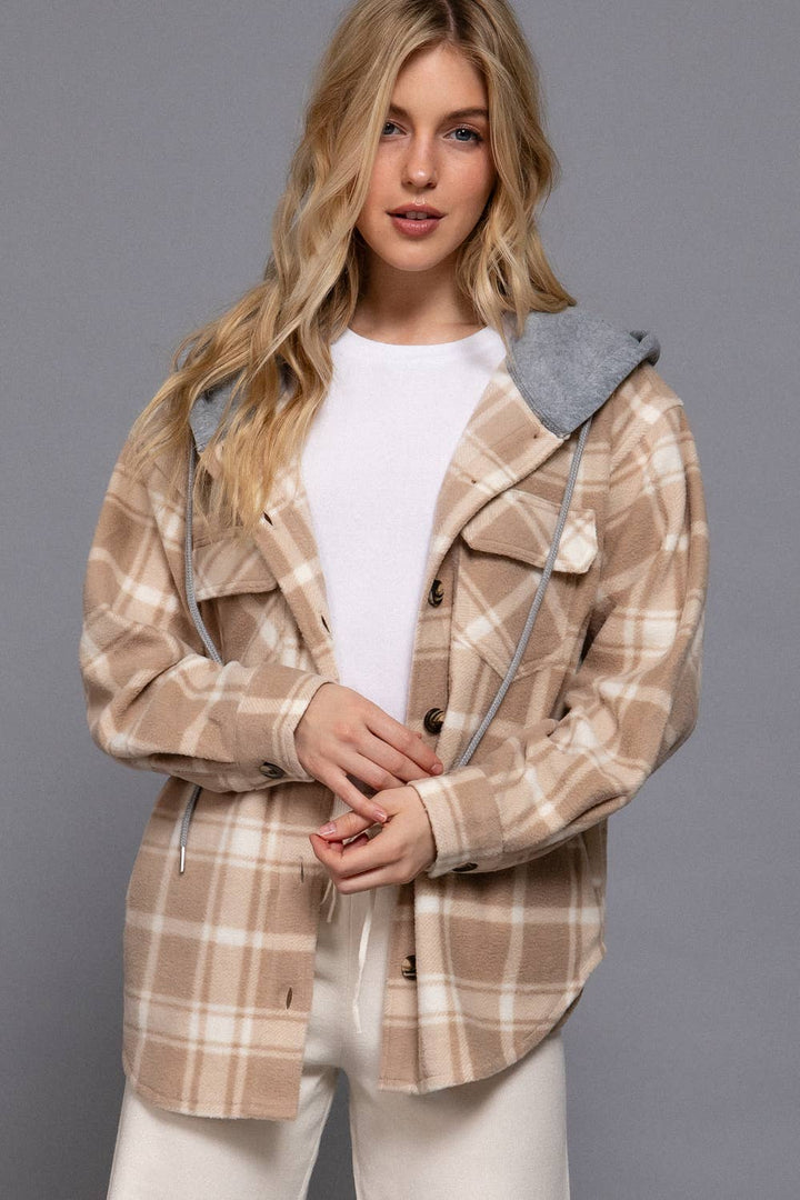 Plaid Button Down with Hoodie Fleece shacket:-mocha/ivory