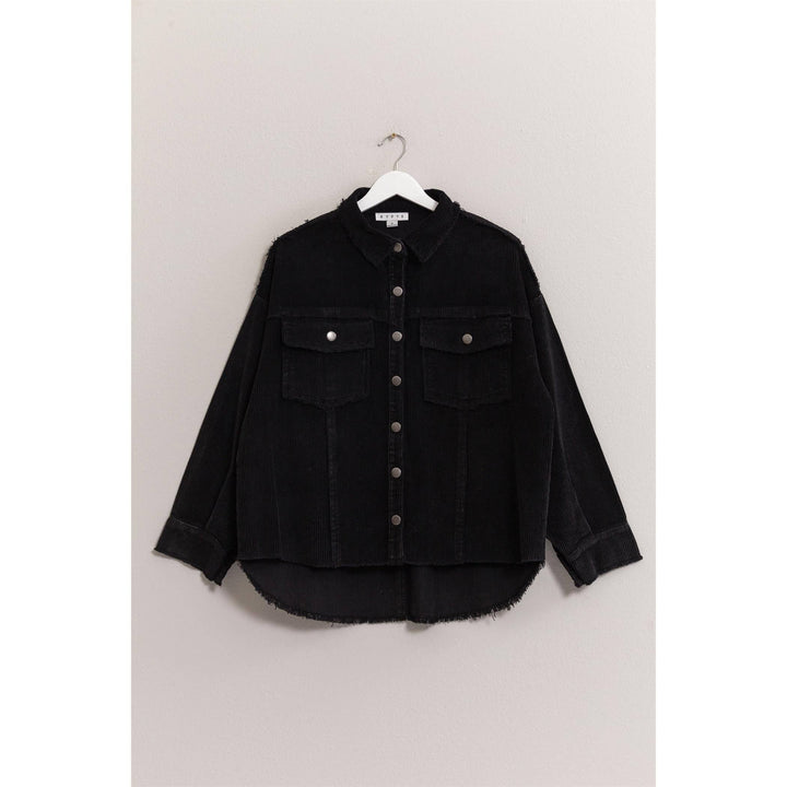 DOORBUSTER Washed Corduroy Frayed Shacket: BLACK