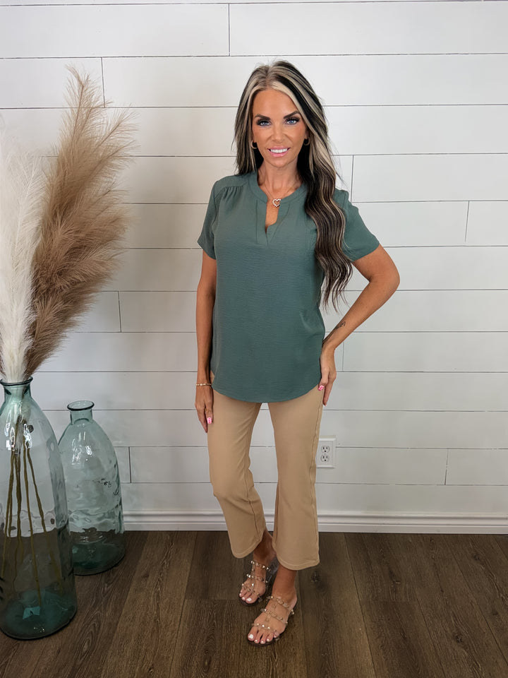 Quietly Polished Split Neck Top- Sage