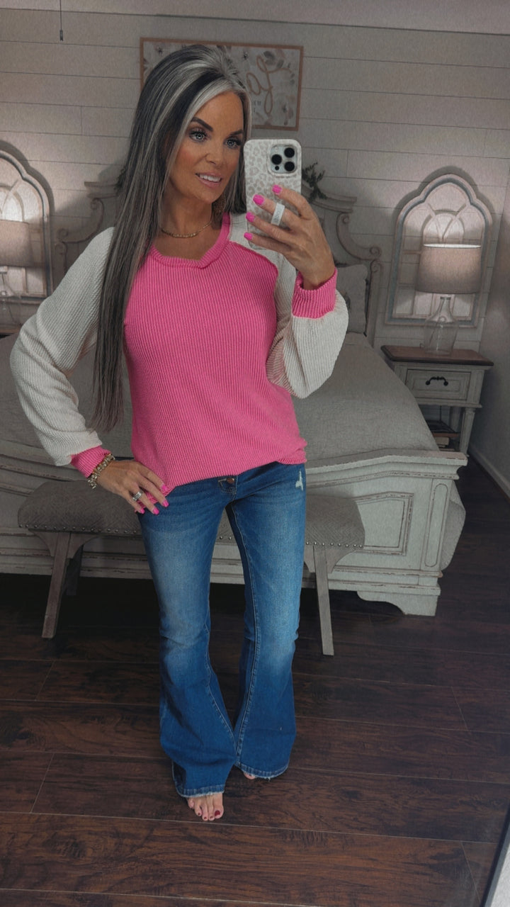 Colorblock Ribbed Long Sleeve Top – Pink