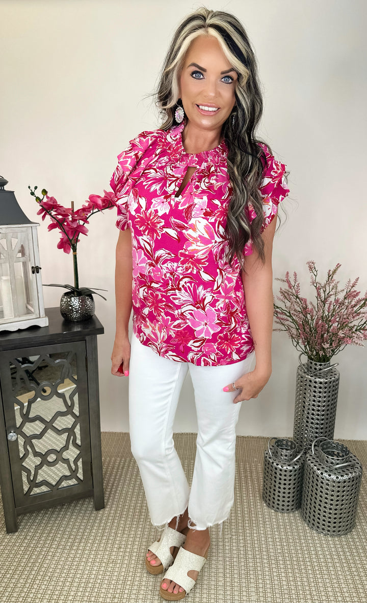 Pink Floral Print Cinched  Neck Top