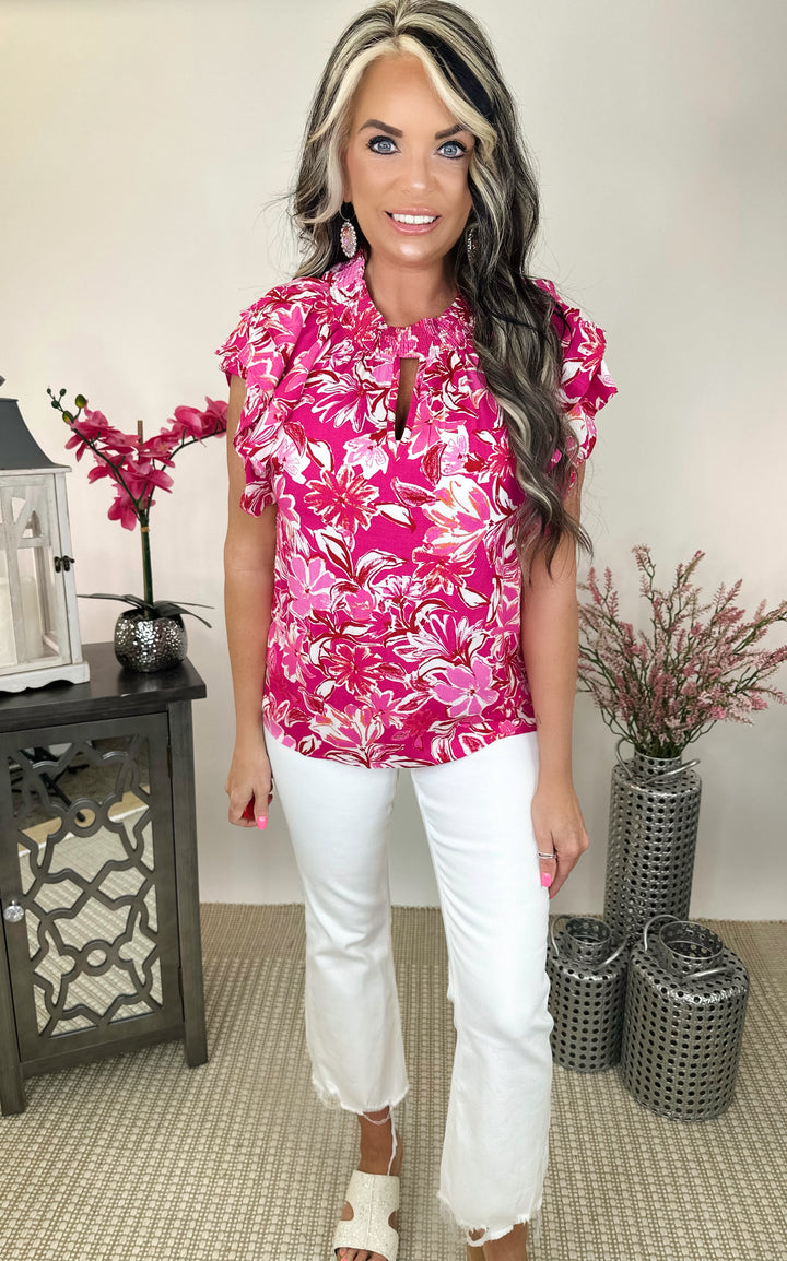 Pink Floral Print Cinched  Neck Top