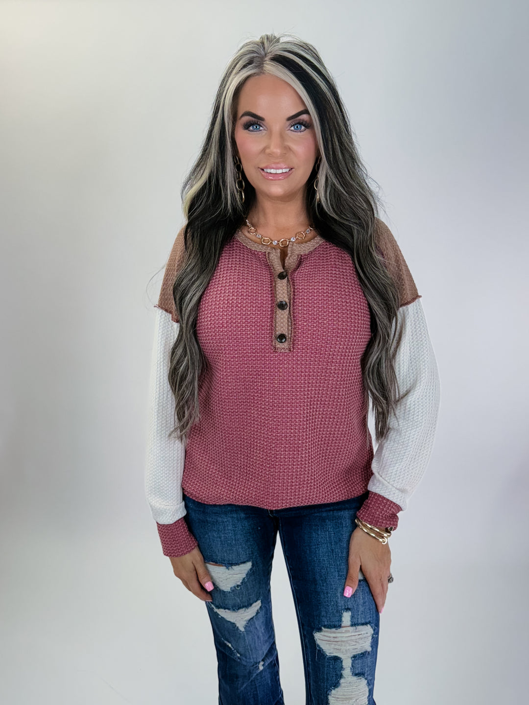 Rosy Days Button Waffle Top