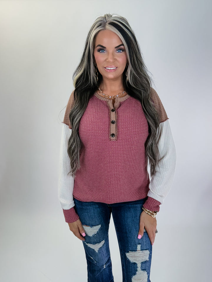 Rosy Days Button Waffle Top