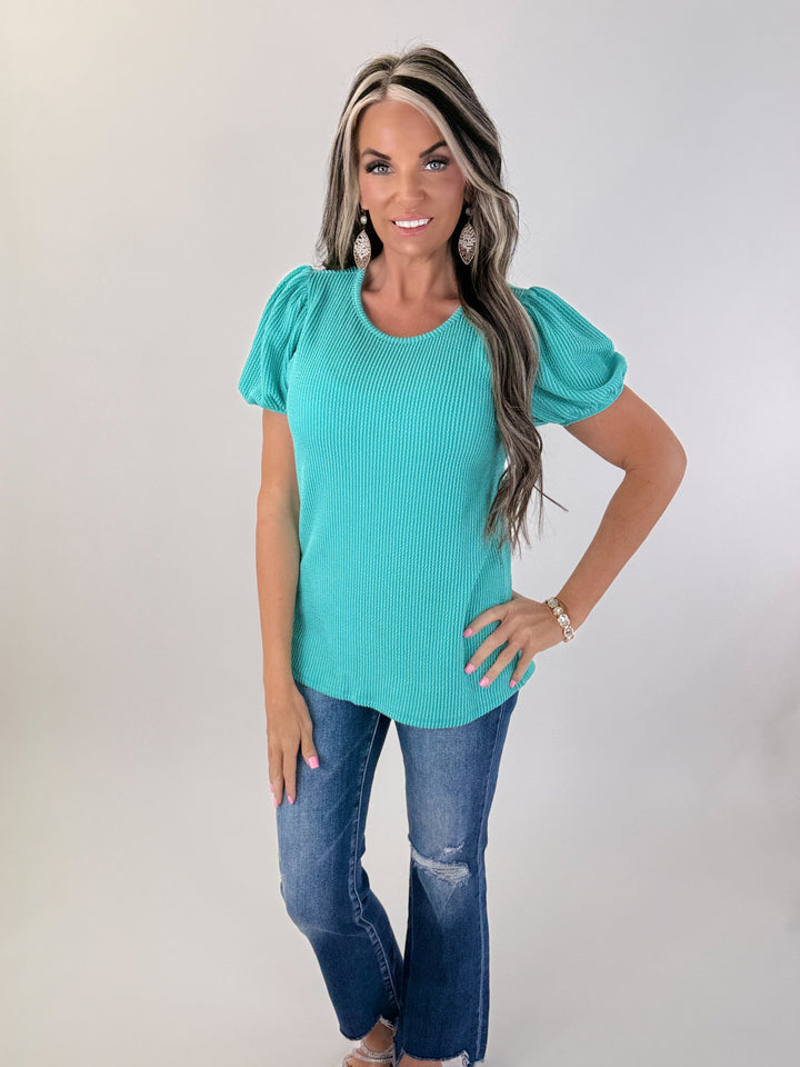 Coastal Breeze Puff Sleeve Ribbed Top