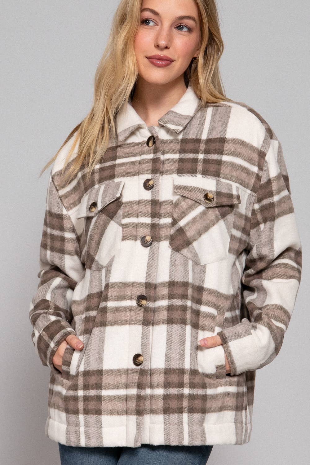 Long Sleeve Inside Faux Fur Brushed Plaid shacket