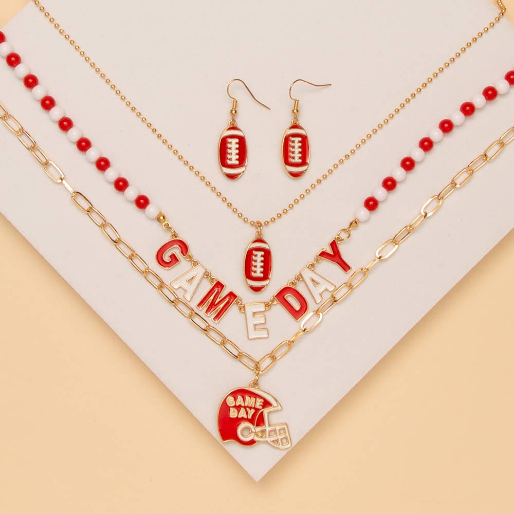 Game Day Football Necklace Earring Set: Red White