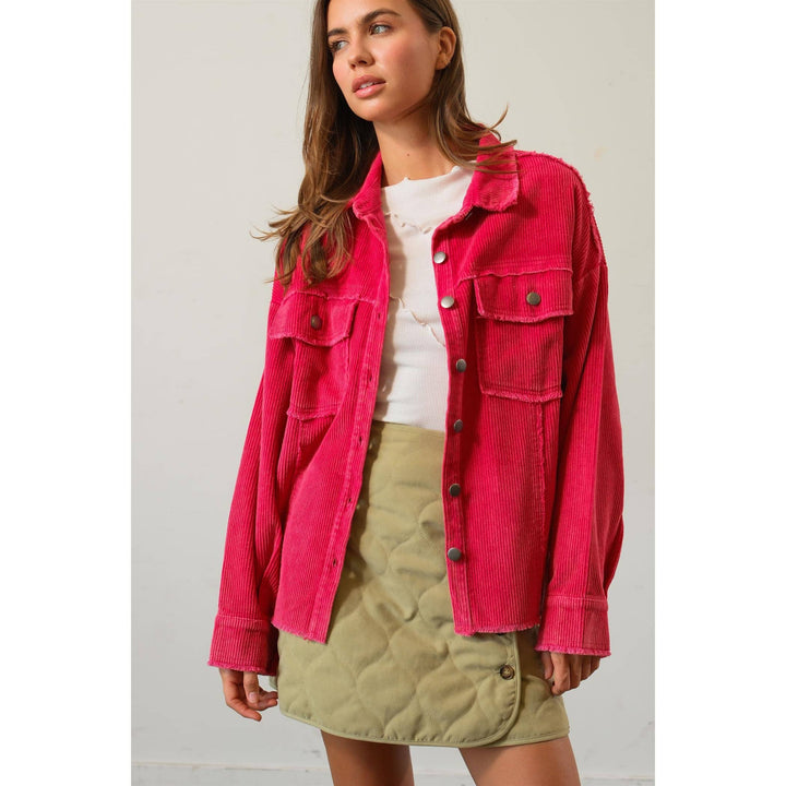 Door buster Washed Corduroy Frayed Shacket: HOT PINK