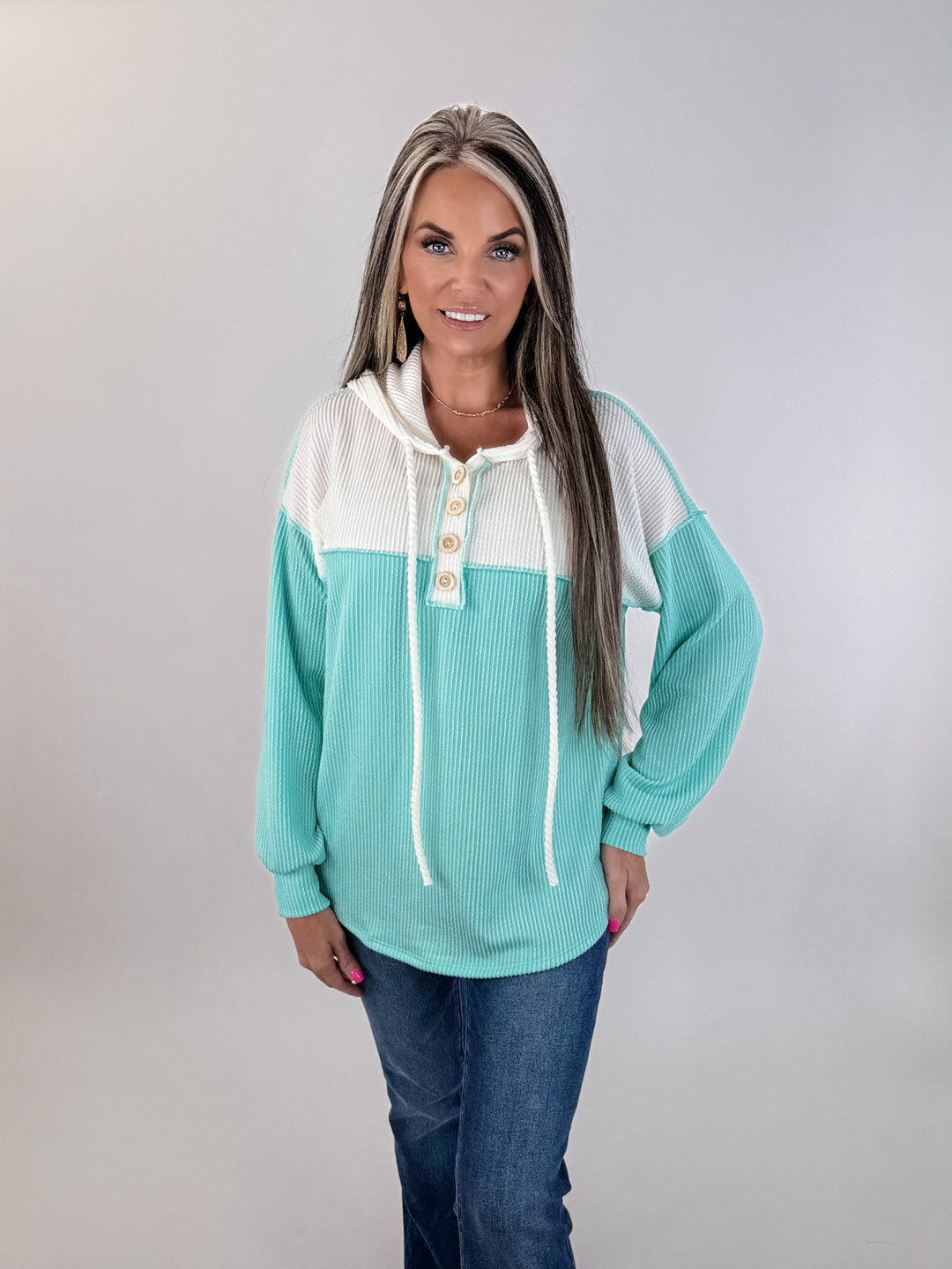 Colorblock Waffle Hoodie – Mint