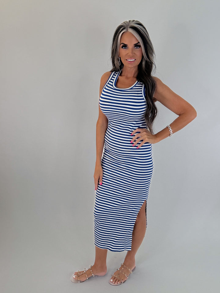 Coastal Stripe Midi Dress- Blue