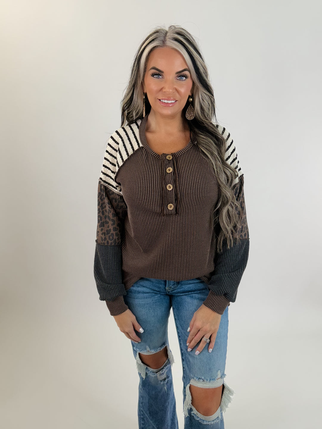 Striped & Leopard Contrast Henley Top