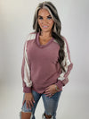 burgundy Lace & Stripe Sleeve Knit Top