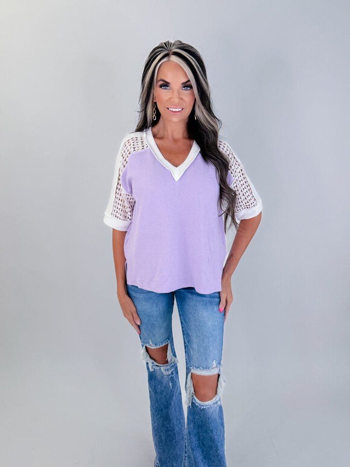 Lavender Skies Crochet Sleeve Top