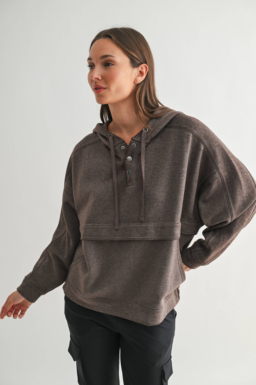 Drift Burnout Fleece Snap Hoodie: ESPRESSO