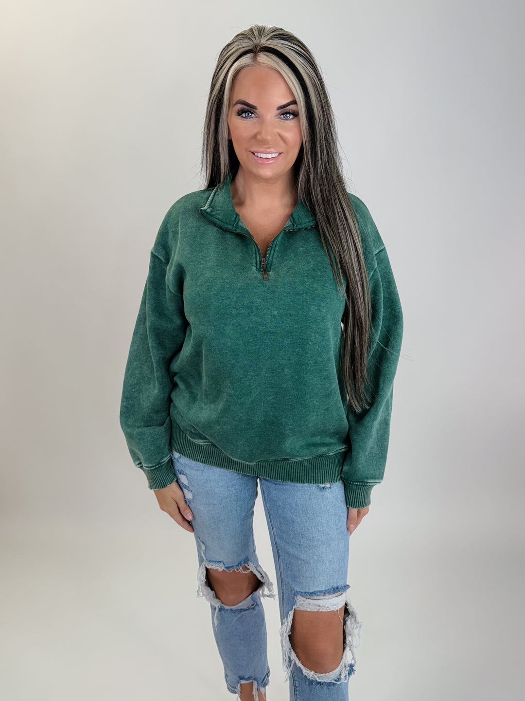 Forest green acid Washed Half Zip