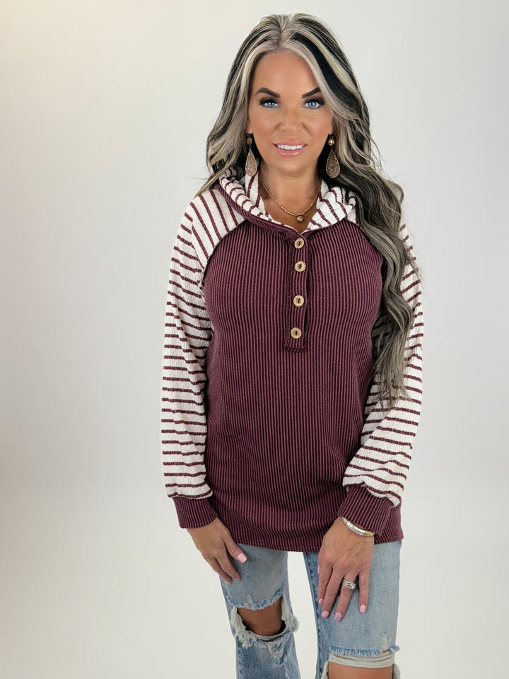 Wine & White Stripe Henley Hood
