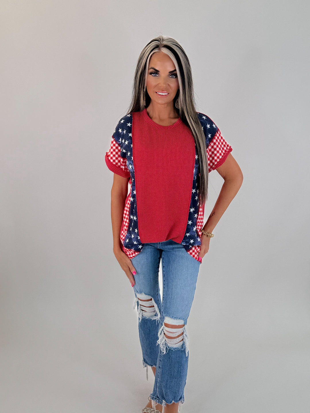 *PRE ORDER* STARS & STRIPES PATCHWORK TOP est ship date 5-19