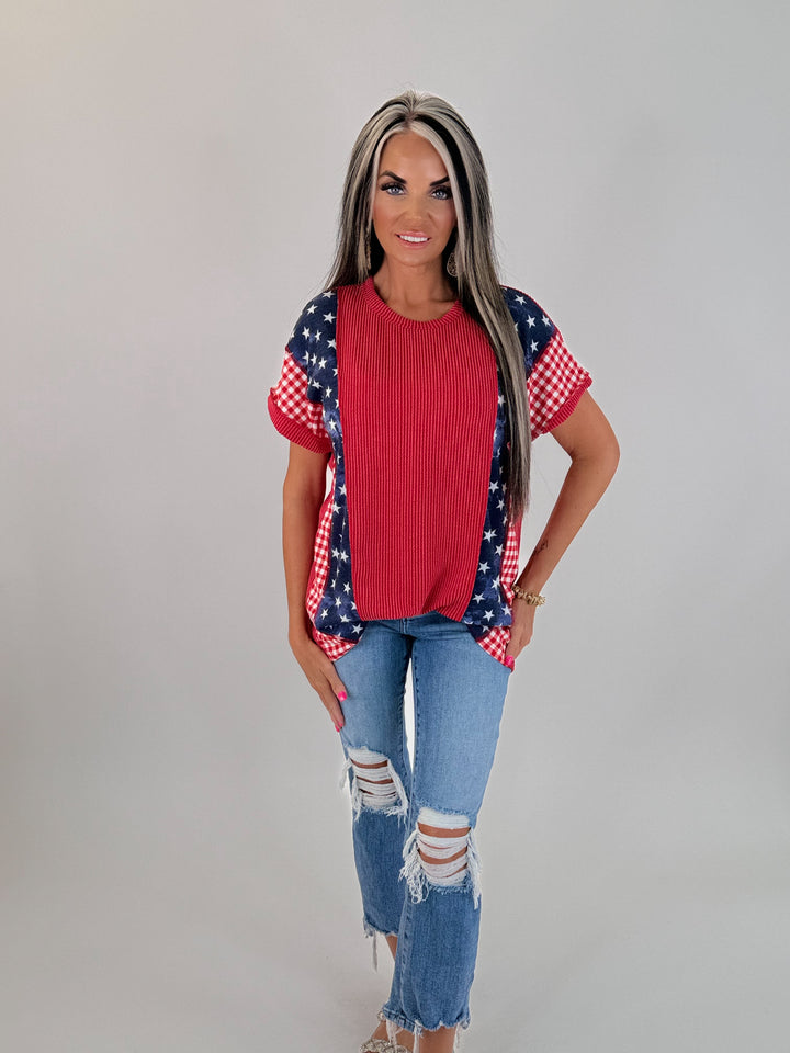 *PRE ORDER* STARS & STRIPES PATCHWORK TOP est ship date 5-19