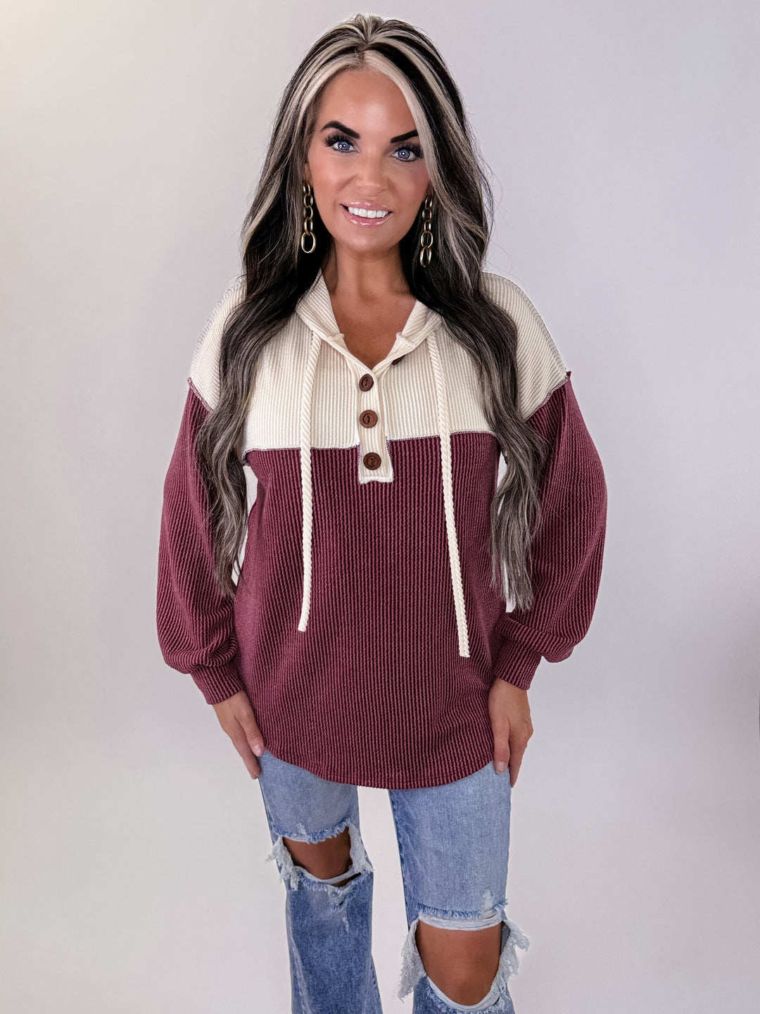 Wine & Cream Colorblock Henley pullover