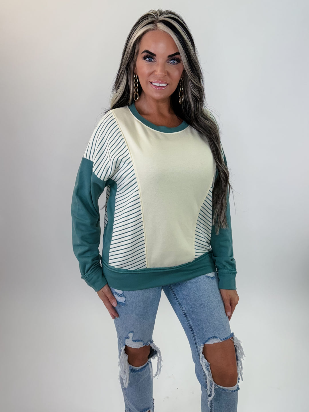 Weekend Vibes Colorblock Pullover – Sage & Cream