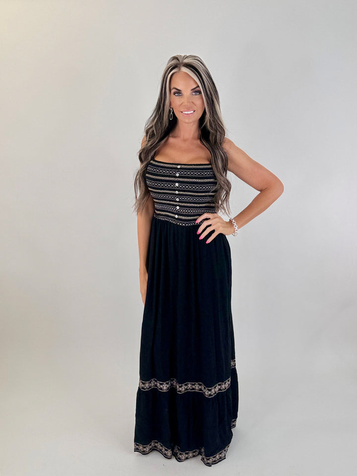 SMOKED DRIFT Away Smocked Maxi Dress - BLACK
