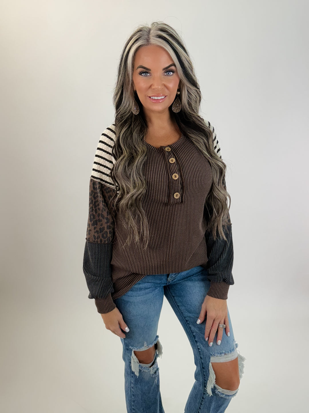 Striped & Leopard Contrast Henley Top